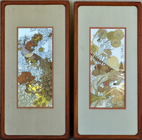 Pair of Kinuko etchings of silver on fine copper inlaid with gold: (1) Sun Bird and the Peony Tree, and (2) Sanctuary of the Golden Blossom.