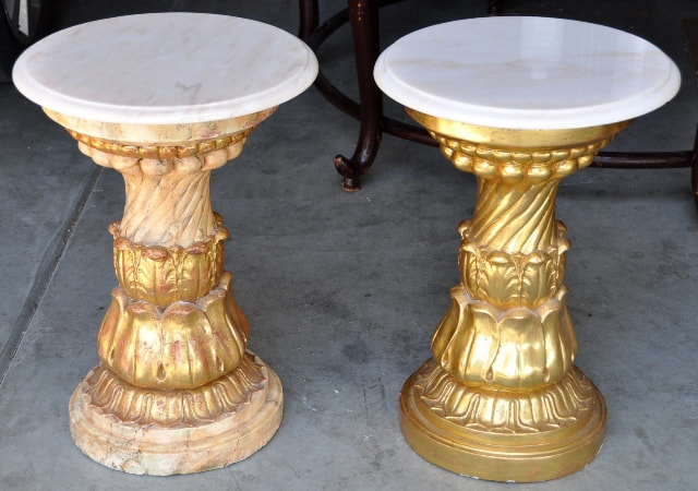 Pair of marble top plant stands with gilt decorated pedestals