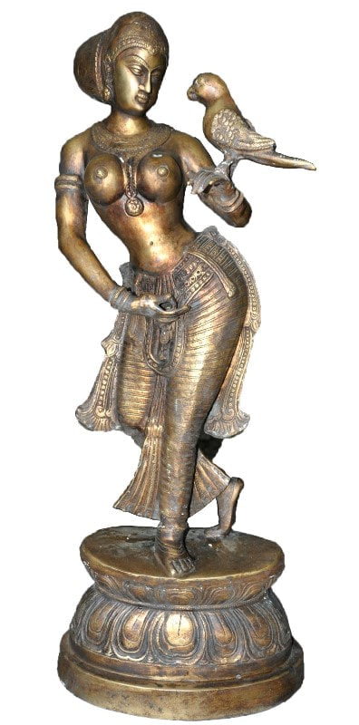 Antique brass sculpture of an Indian lady holding a parrot on her left hand