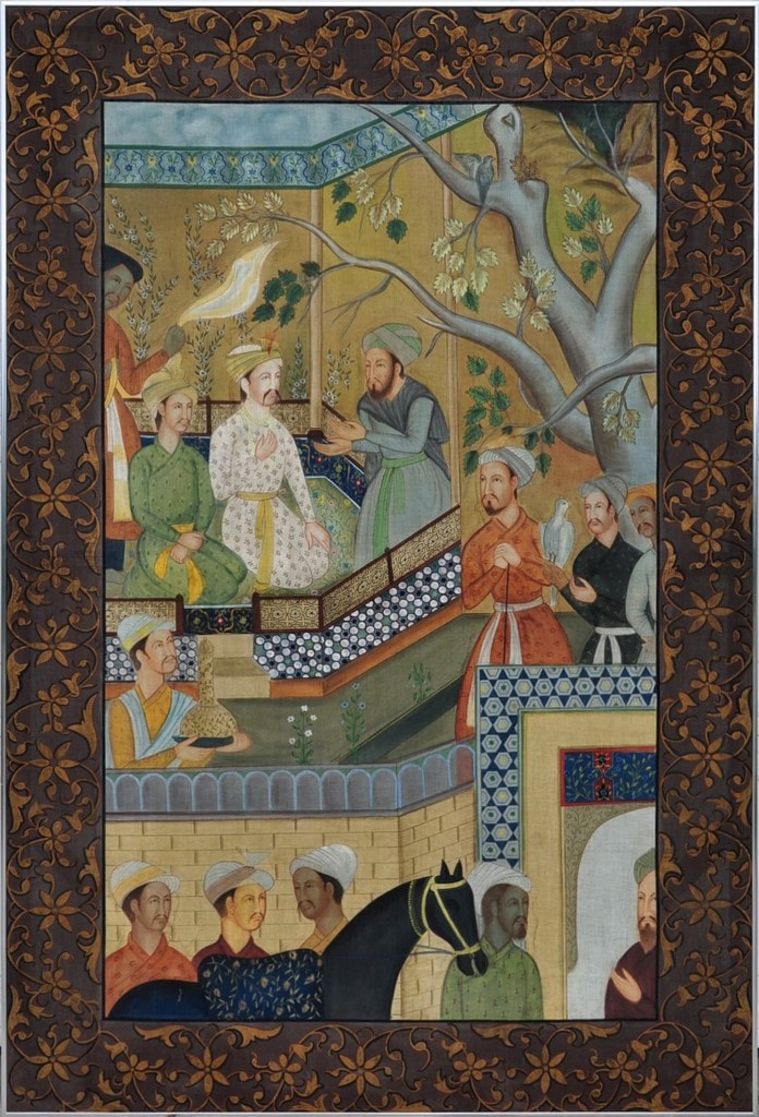 Large Indo-Persian painting on fabric depicting a courtyard scene