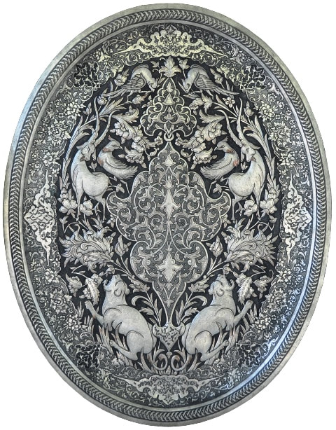 Persian silver on copper oval tray with Ghalamzani engravings of birds and animals