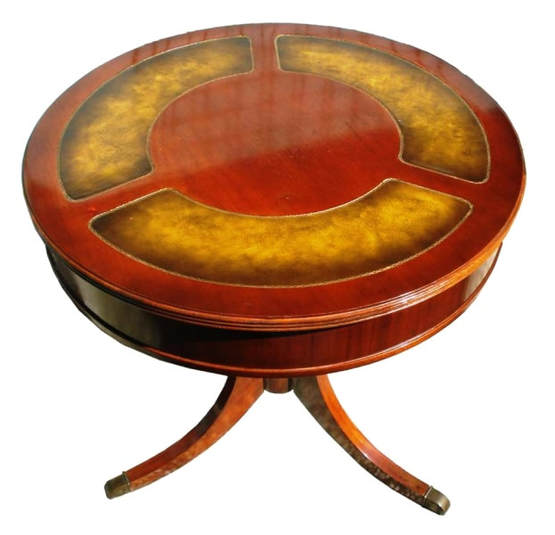 Duncan Phyfe style mahogany drum table with leather inlaid top