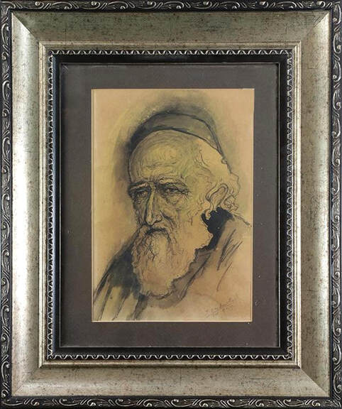 Ink on paper drawing of a rabbi by an Israeli artist