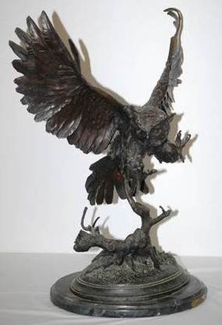Jules Moigniez bronze sculpture of an owl flying off a tree branch