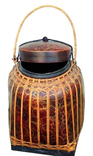Handwoven bamboo and wicker rice container from Northern Thailand with lacquer painting