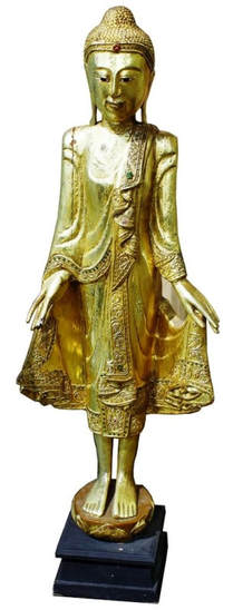 Wooden Thai Buddha sculpture with gold leaf inlay