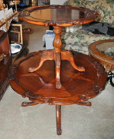 Victorian ornate wooden coffee and end tables with inlay