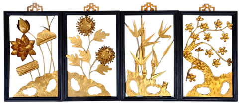 Set of 4 Asian framed panels with 3D brass cut out flowers and bamboo grove