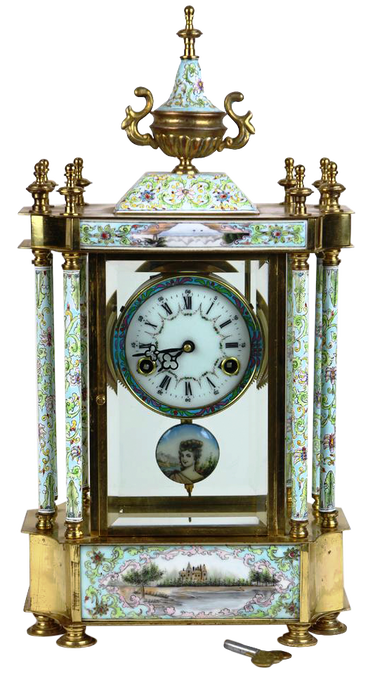 French mantel clock with champlevé/cloisonné enamel casing