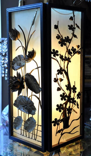 Rare silk lantern with brass metal flower decoration
