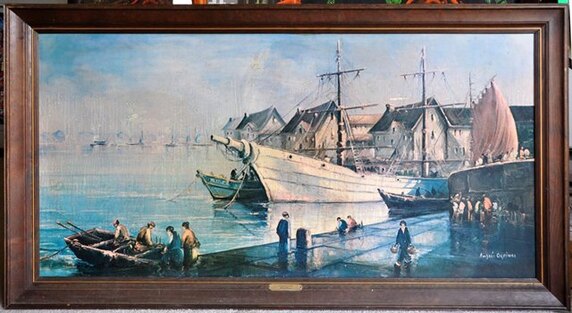 Framed print of Andres Orpinas painting Harbor Boats