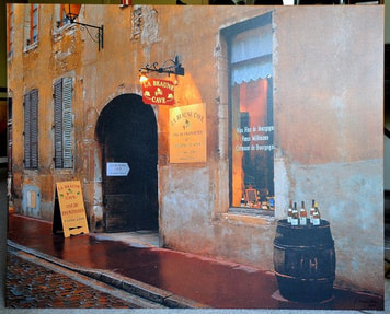 Giclee on canvas of French village bar scene titled Beaune Wine Cave by Locke Heemstra