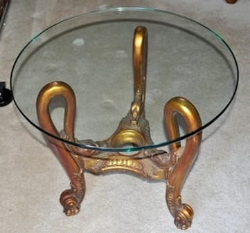 Pair of rare glass top end tables with wooden bases having legs in the shape of swan necks