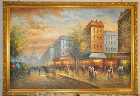Large Paris scene oil on canvas painting with ornate frame
