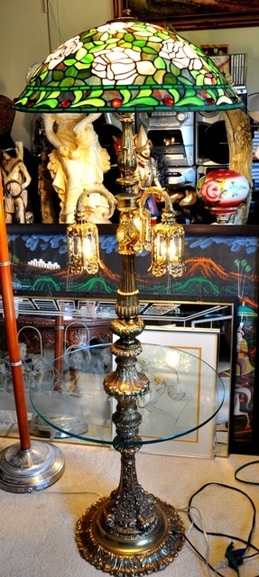 Hollywood Regency floor lamp with glass table and Tiffany style shade