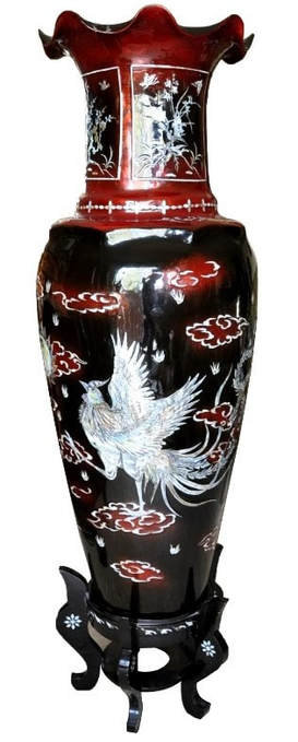 Large Vietnamese lacquer vase with mother of pearl inlay artwork