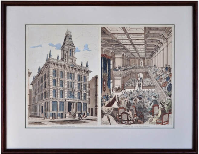 Colored etchings of The San Francisco Stock Exchange and Interior of the Pacific Stock Exchange