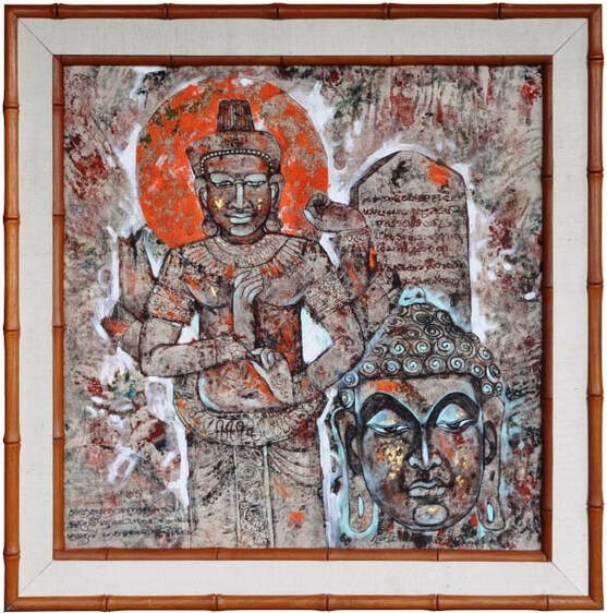 Large Balinese mixed media Buddha painting in custom-made turned wood faux bamboo frame