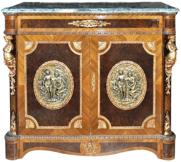 French Louis XV style marble top cabinet with figural ormolu mounts and medallions