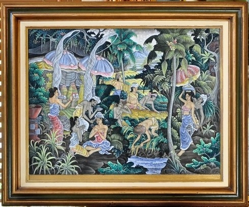 Traditional Balinese oil on canvas painting from Ubud depicting rural daily life