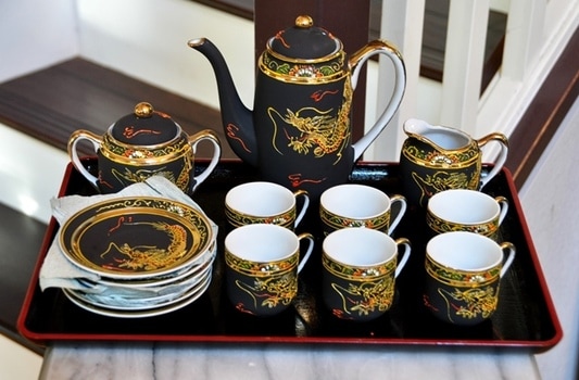 Matte black and gold Kutani eggshell porcelain Demitasse tea set with tray