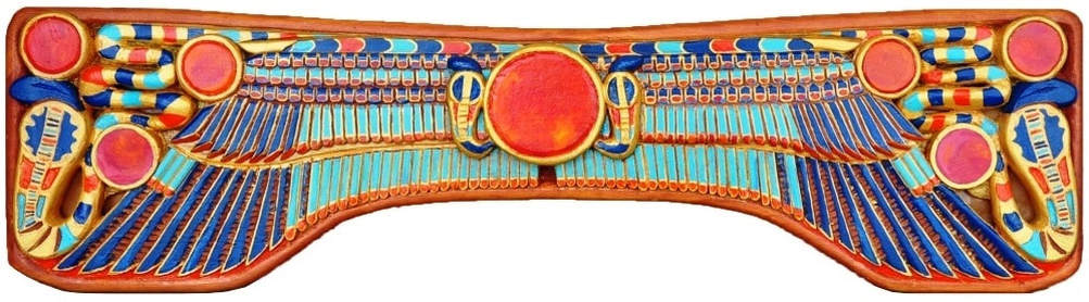 Hand carved and painted bas-relief wood wall hanging depicting Egyptian motifs