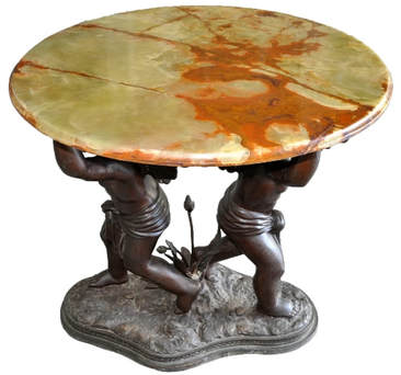 Renaissance style green onyx top foyer table with bronze figural base