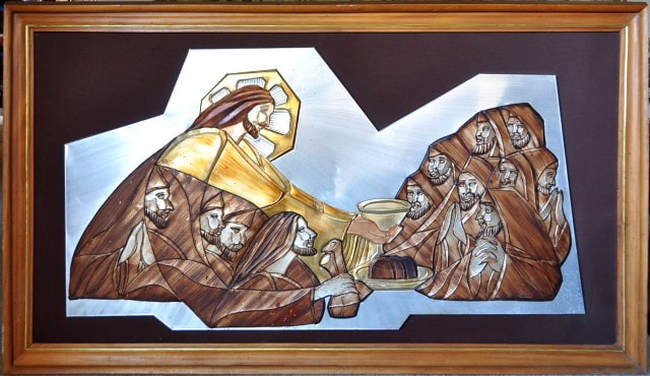 Vintage 3D relief artwork depicting The Last Supper created by etching metal sheets