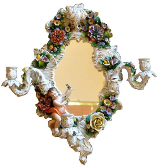Dresden style mirrored polychrome decorated porcelain sconce with 3 candle holders
