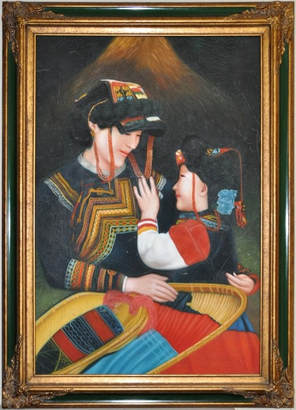 Painting of Hmong mother and child in colorful dresses