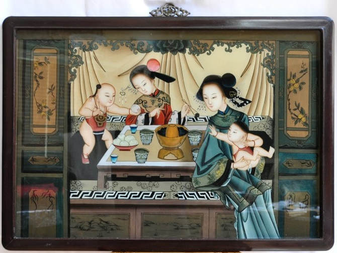 Reverse glass painting depicting Chinese women and children
