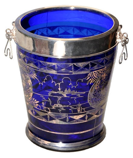 Cobalt blue Bohemian art glass champagne cooler with silver enamel artwork