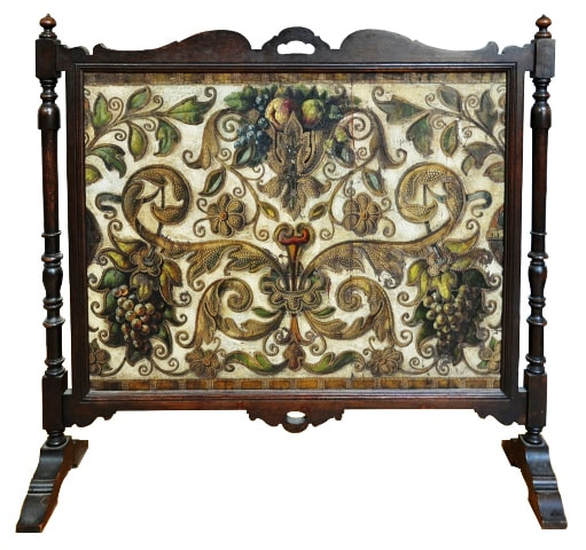 Spanish Revival style fireplace screen with oak frame and hand painted panel