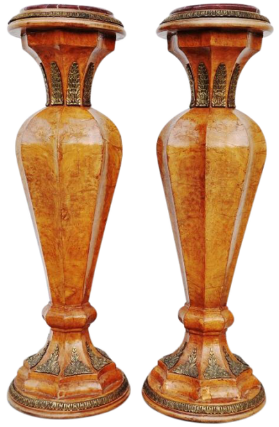 Pair of French gilt bronze, marble and burlwood pedestals with a unique design
