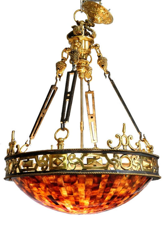 Maitland-Smith brass and iron Empire style chandelier with penshell inlaid bowl