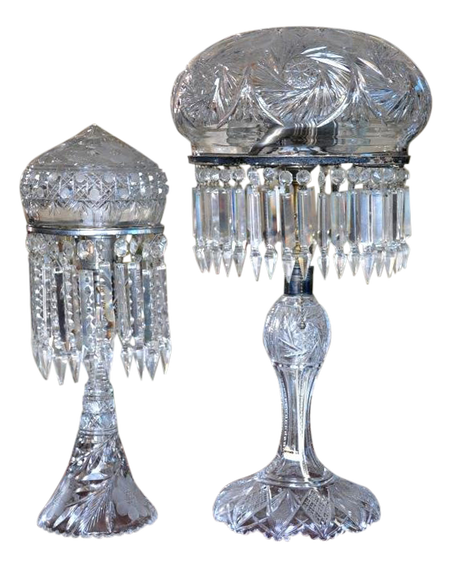 Pair of antique American Brilliant Period cut crystal table lamps with mushroom and acorn shades
