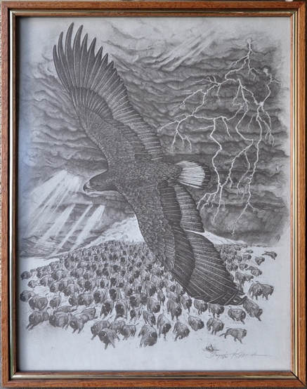 Native American themed artwork depicting an eagle flying above a herd of bison