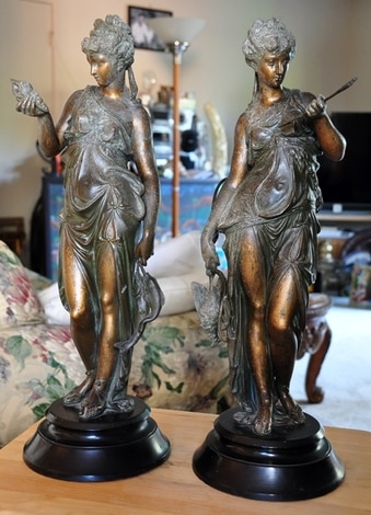 Pair of Art Deco patinated spelter sculptures of the deity Artemis or Diana