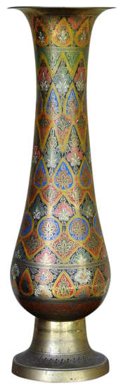 Large Indian brass vase with floral engravings decorated with enamels