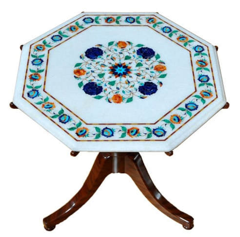 Octagonal Italian end table with pietra dura floral inlay on marble