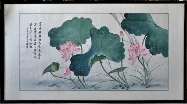 Chinese watercolor painting of lotus on rice paper