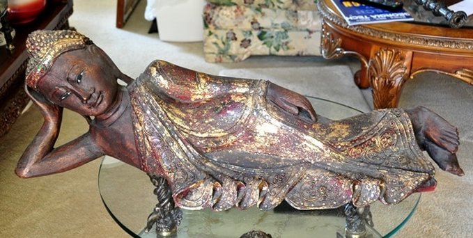 Reclining Buddha gilt wood sculpture carved in Thailand