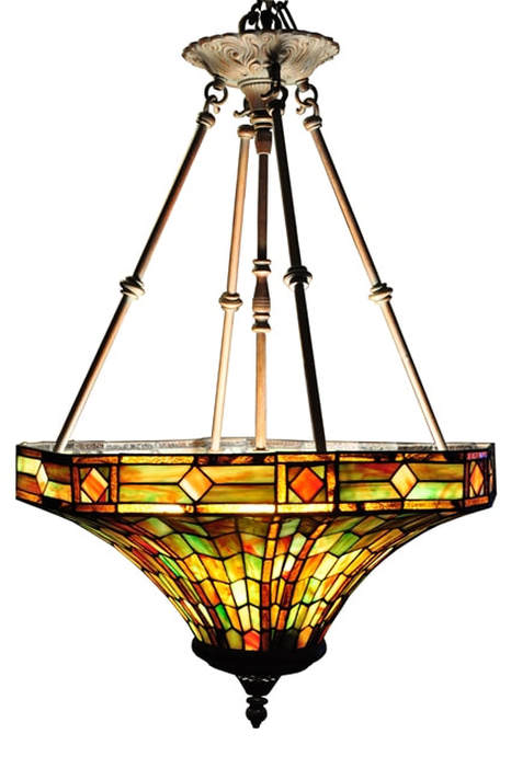 Pendant chandelier with funnel shaped Tiffany style shade