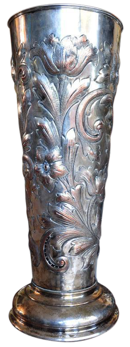 Antique silver on copper vase with repoussé floral decoration