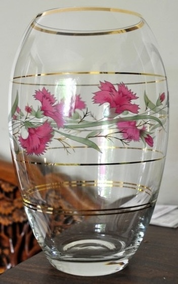 Glass vase with beautiful pink flower painting and gold trim