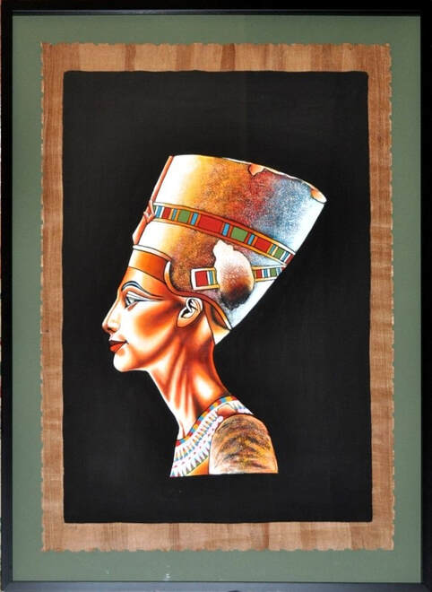 Large original oil on papyrus painting by Said of Cairo depicting queen Nefertiti
