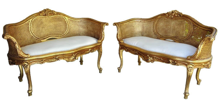 Pair of Louis XV style giltwood carved double caned wicker settees (canapé en corbeille)