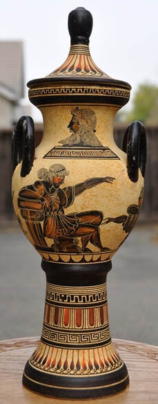 Handmade Greek lidded urn with beautiful artwork