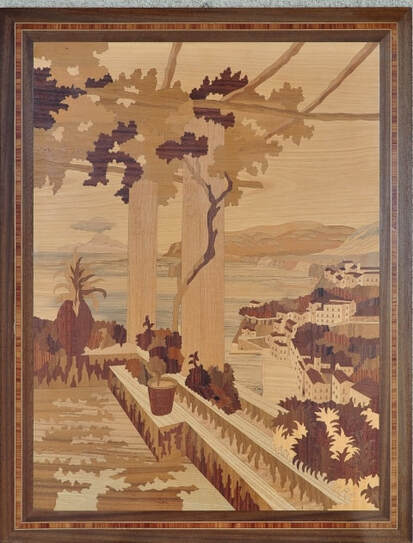 A. Gargiulo & Jannuzzi wood marquetry artwork depicting a coastal scenery