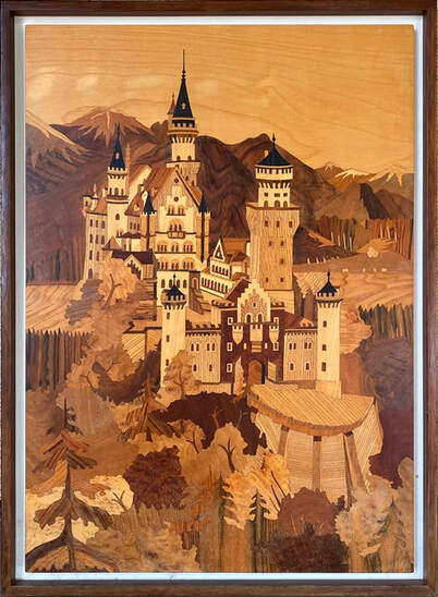 Large framed marquetry depicting Neuschwanstein Castle in Germany